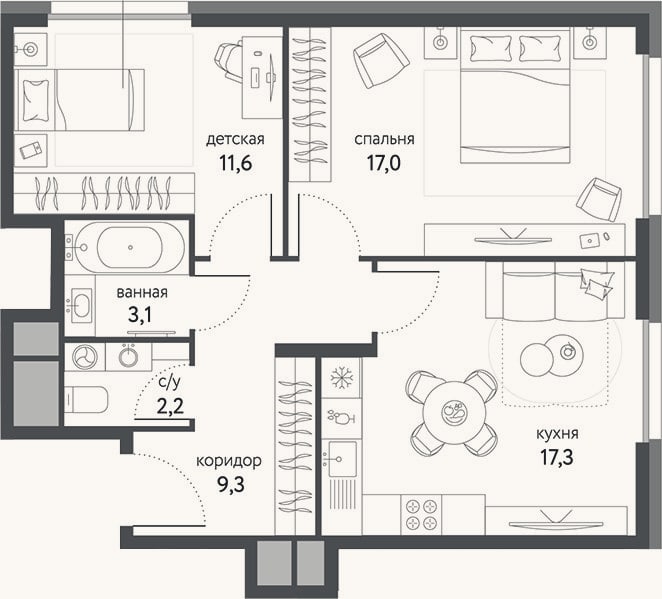 Планировка: 2-к, 60,5 м²