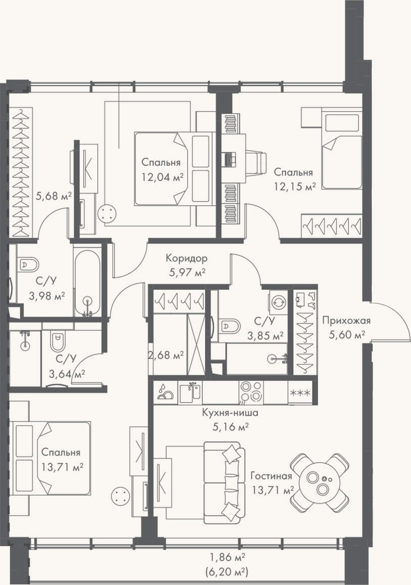 Планировка: 4+ к, 87,6 м²