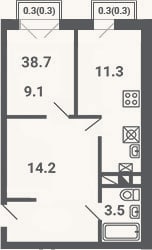Планировка: 1-к, 38,1 м²
