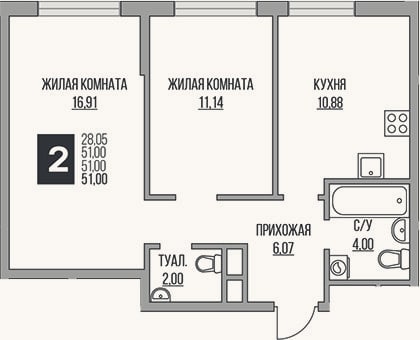 Планировка: 3-к, 51 м²