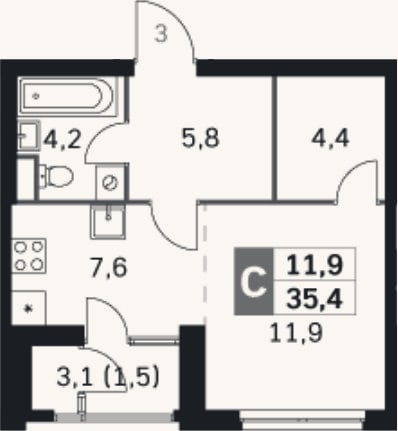 Планировка: Студия, 33,9 м²