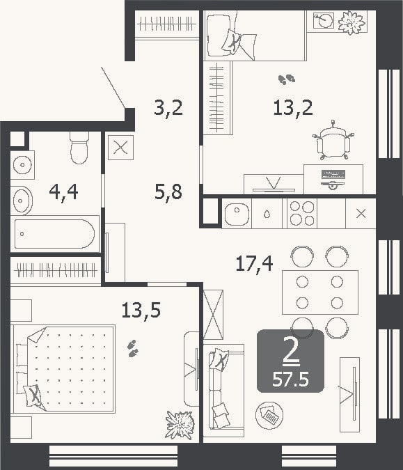Планировка: 3-к, 57,5 м²