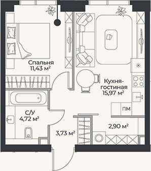 Планировка: 2-к, 38,8 м²