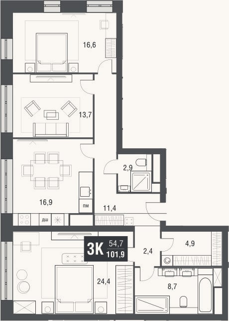 Планировка: 4+ к, 101,9 м²