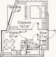 Планировка: 1-к, 29 м²