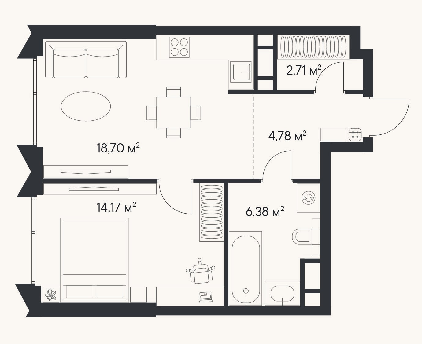 Планировка: 1-к, 46,7 м²