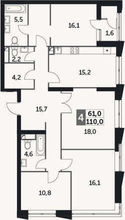 Планировка: 4+ к, 108,3 м²