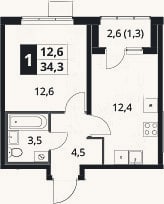 Планировка: 1-к, 33 м²