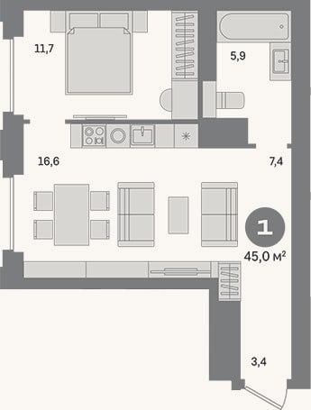 Планировка: 1-к, 45 м²