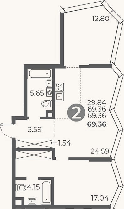 Планировка: 2-к, 69,4 м²