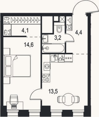 Планировка: 1-к, 39,8 м²