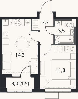 Планировка: 1-к, 33,3 м²