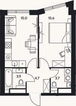 Планировка: 1-к, 42,9 м²