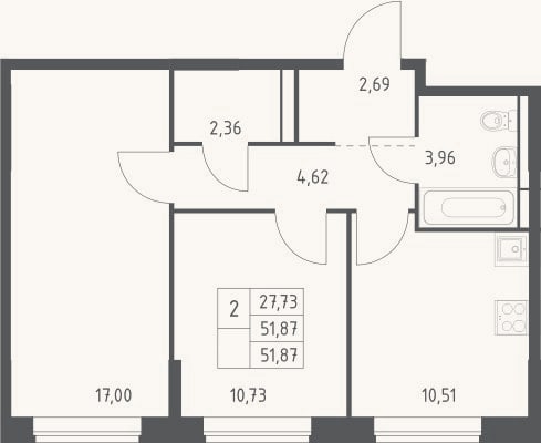 Планировка: 2-к, 51,9 м²