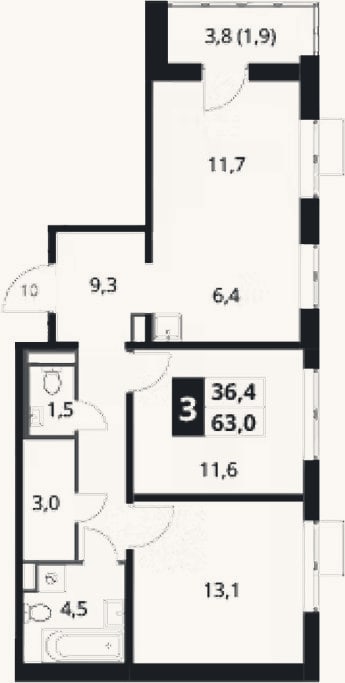 Планировка: 3-к, 61,1 м²