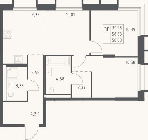 Планировка: 3-к, 58,8 м²