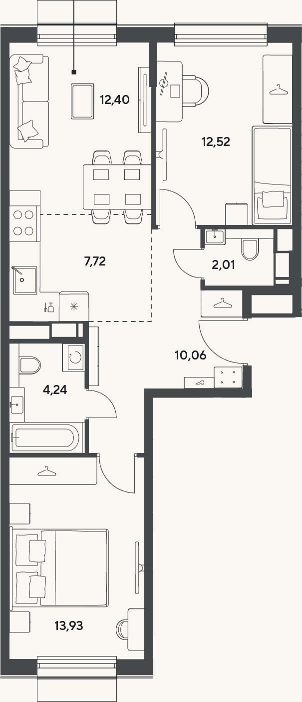 Планировка: 3-к, 62,9 м²