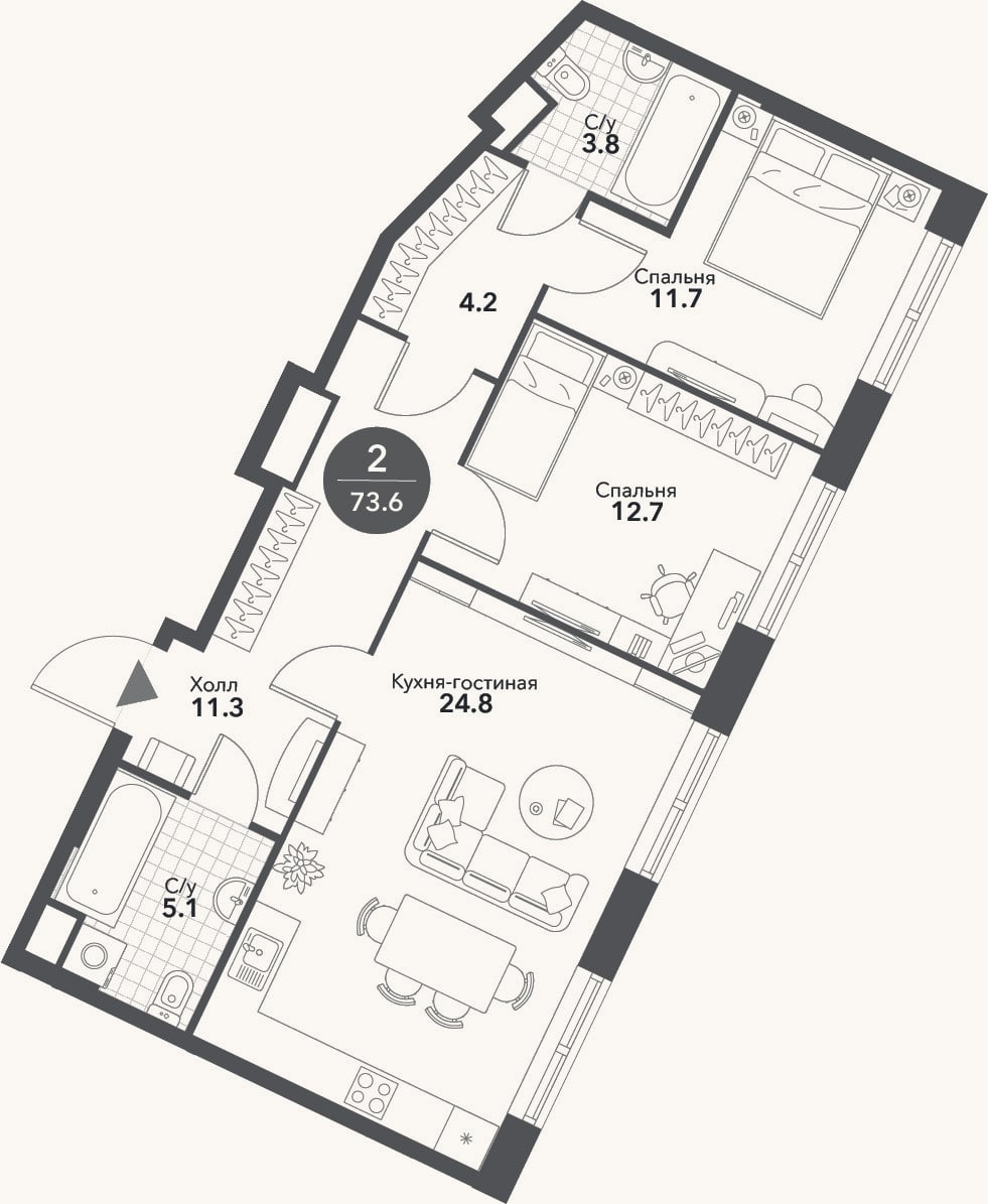 Планировка: 3-к, 73,6 м²