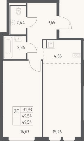 Планировка: 2-к, 49,5 м²