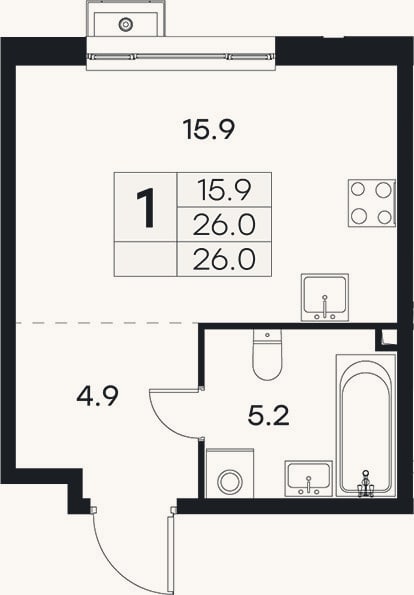 Планировка: Студия, 26 м²