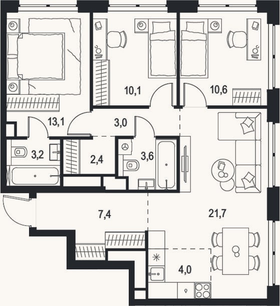 Планировка: 4+ к, 79,1 м²