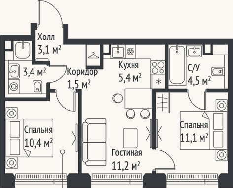Планировка: 3-к, 50,7 м²