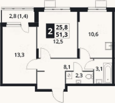 Планировка: 2-к, 49,9 м²
