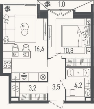 Планировка: 2-к, 38,1 м²