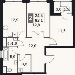 Планировка: 2-к, 59,6 м²