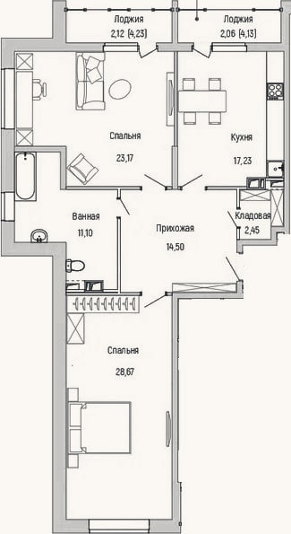 Планировка: 2-к, 97,1 м²