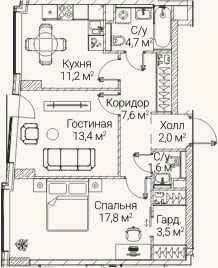 Планировка: 2-к, 61,1 м²