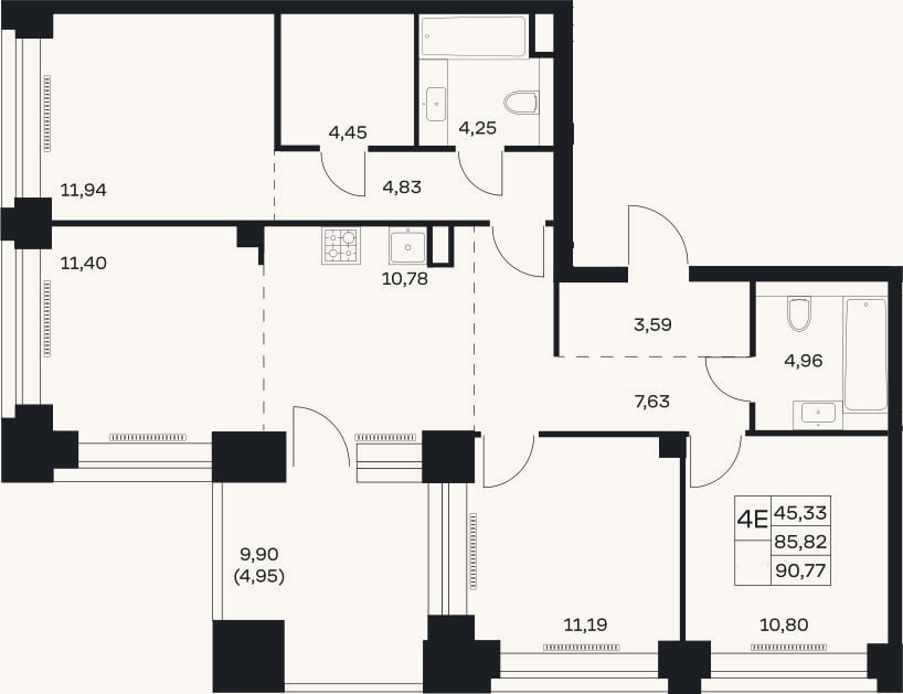 Планировка: 4+ к, 85,8 м²
