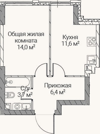 Планировка: 1-к, 35,7 м²