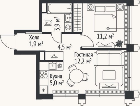 Планировка: 2-к, 38,7 м²