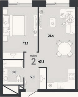 Планировка: 2-к, 43,3 м²