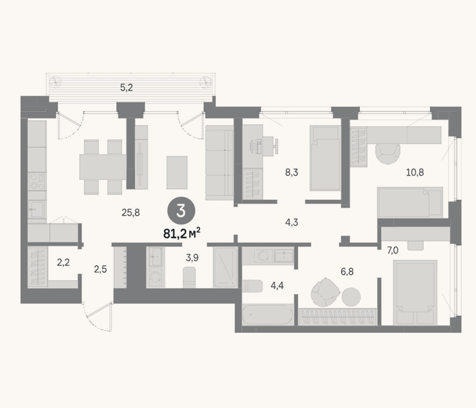 Планировка: 3-к, 75,9 м²