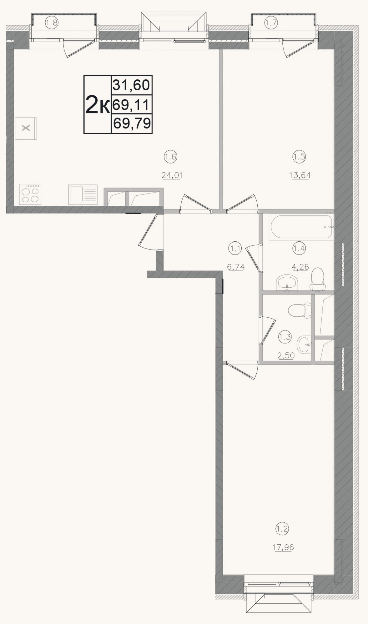 Планировка: 2-к, 69,1 м²