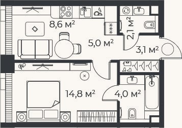 Планировка: 2-к, 37,6 м²