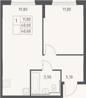 Планировка: 2-к, 40,6 м²