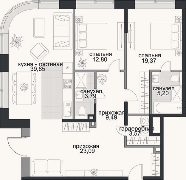 Планировка: 3-к, 107,7 м²