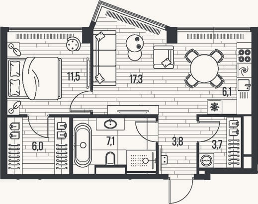 Планировка: 2-к, 55,5 м²