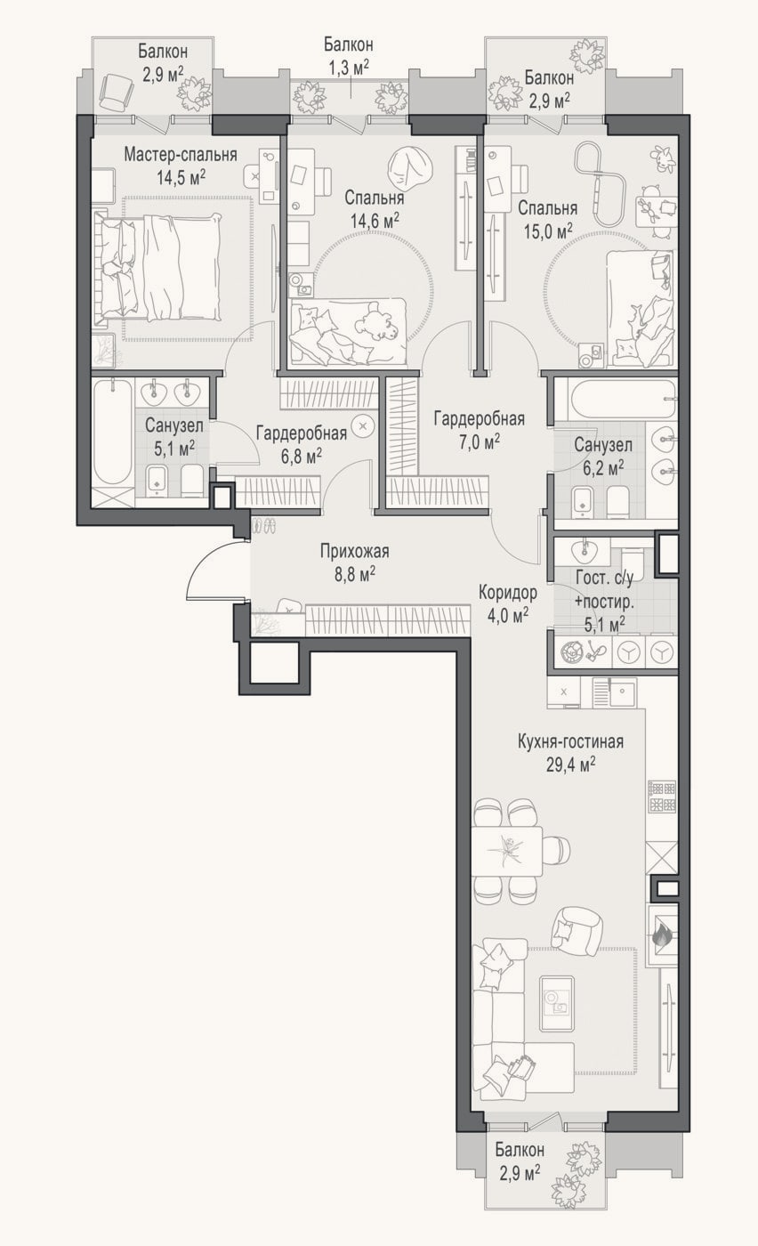 Планировка: 4+ к, 118,9 м²