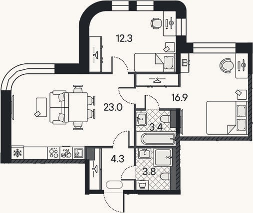 Планировка: 3-к, 63,7 м²