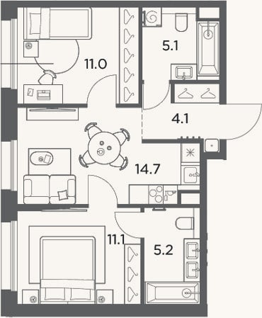 Планировка: 2-к, 51,2 м²