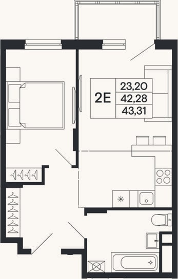 Планировка: 2-к, 42,3 м²