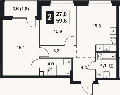 Планировка: 2-к, 58 м²