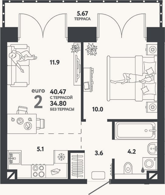 Планировка: 2-к, 34,8 м²