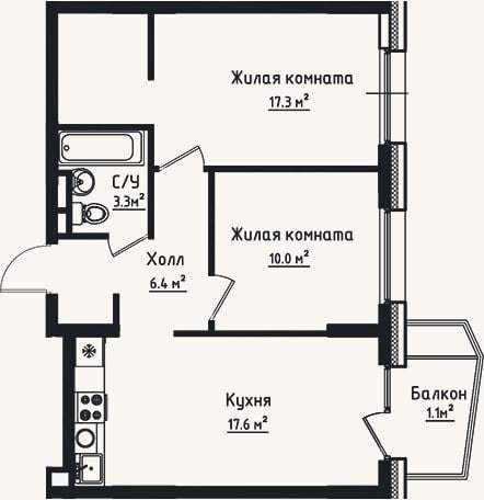 Планировка: 2-к, 54,6 м²