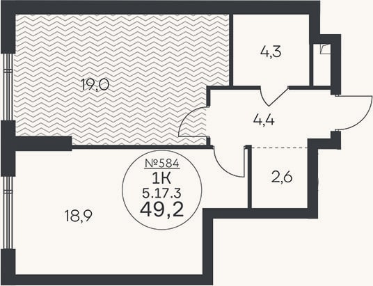 Планировка: 1-к, 49,2 м²
