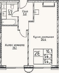 Планировка: 2-к, 54,2 м²